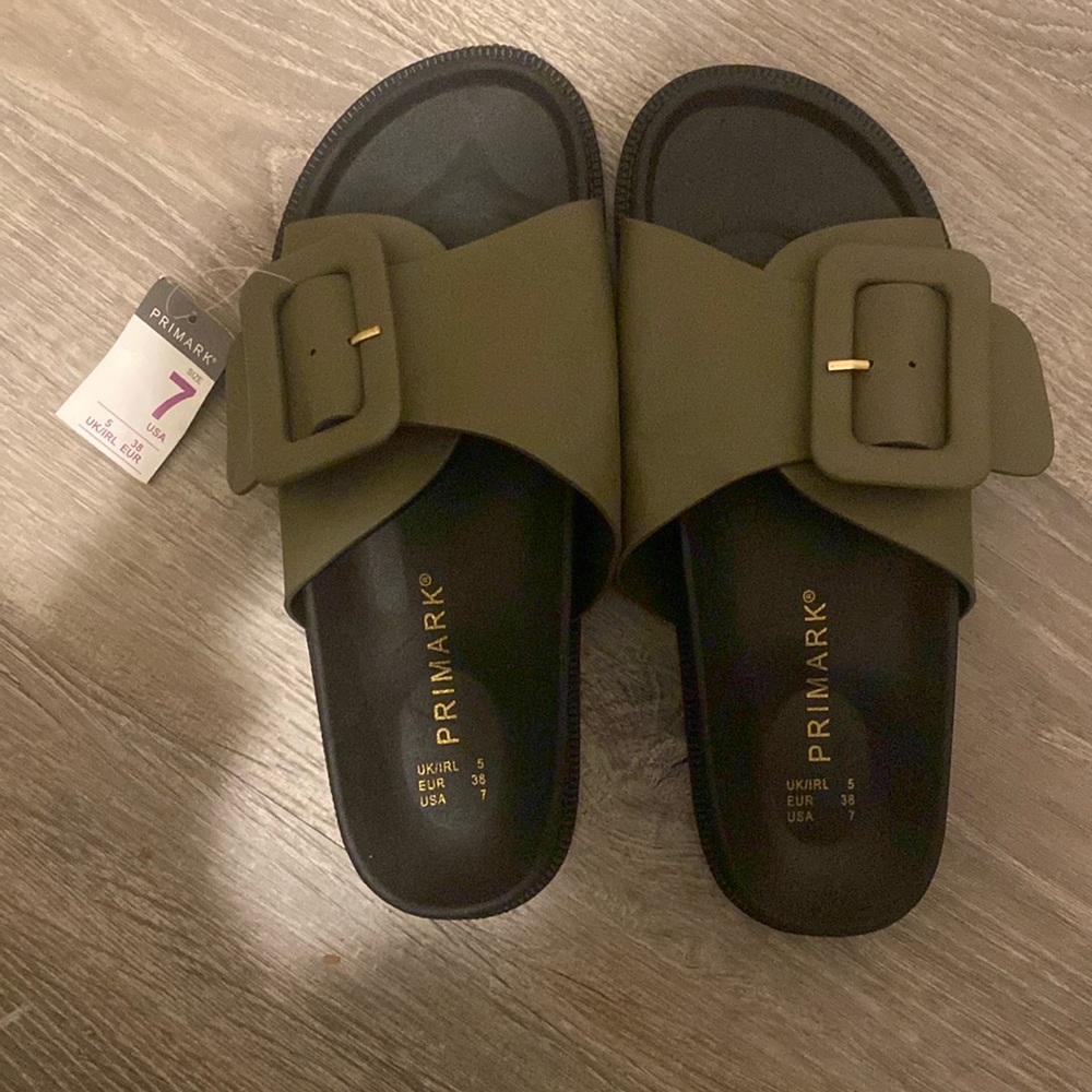 Primark Olive Slide Sandals with Buckle Detail - Women's